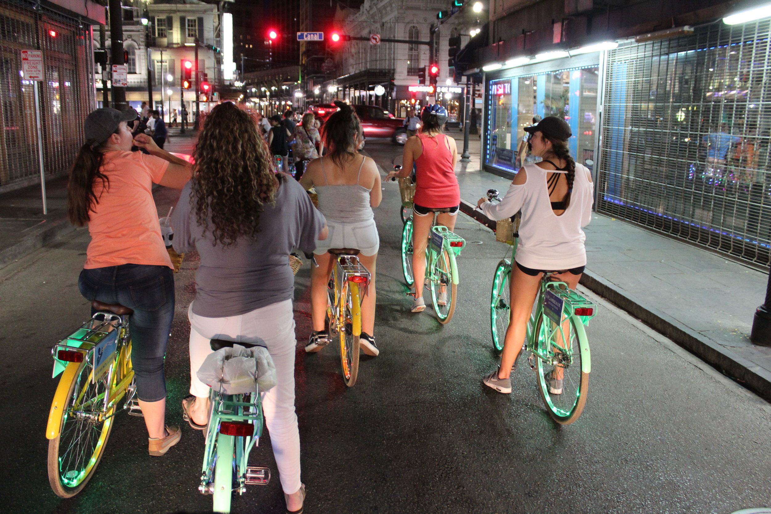  Our social ride is a party on two wheels. We offer the primer night ride of Nola. Be the lights of the city on our professionally maintained bikes. Our wheels are blinged out with lights and we have amplified music to boot. Don’t miss out on this am