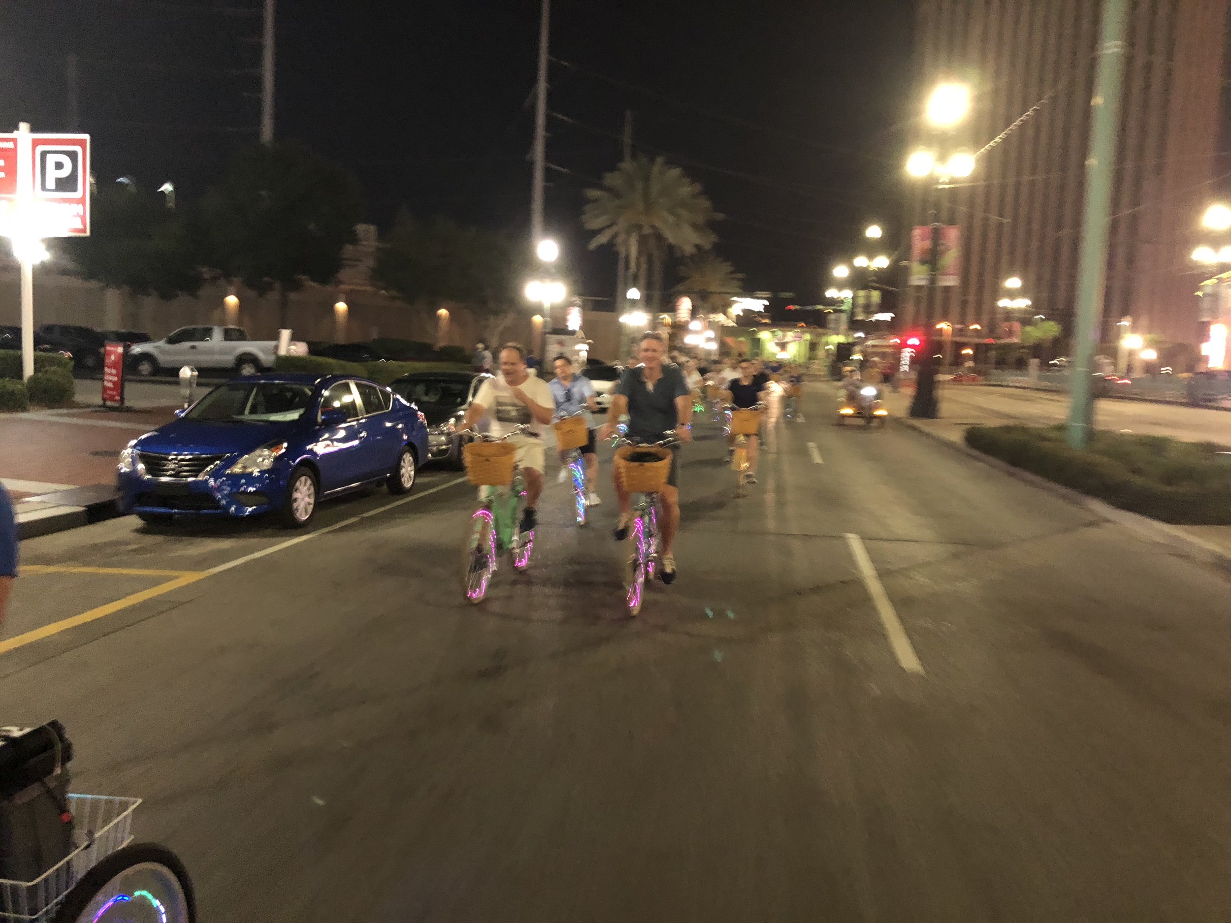  Our social ride is a party on two wheels. We offer the primer night ride of Nola. Be the lights of the city on our professionally maintained bikes. Our wheels are blinged out with lights and we have amplified music to boot. Don’t miss out on this am