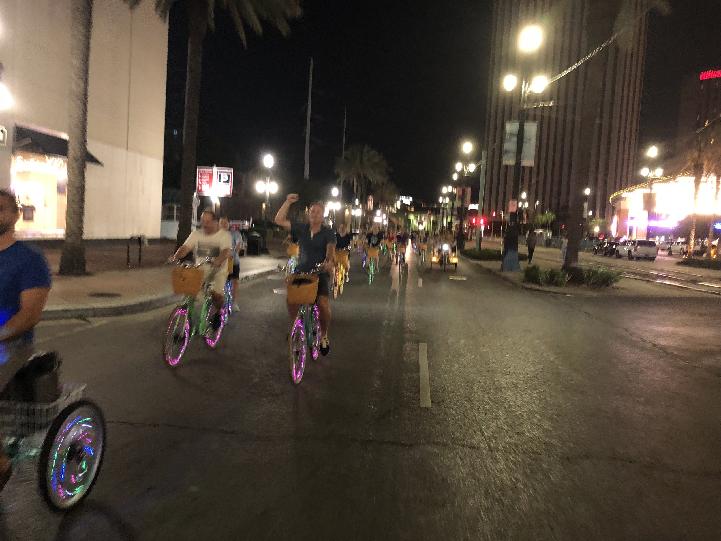  Our social ride is a party on two wheels. We offer the primer night ride of Nola. Be the lights of the city on our professionally maintained bikes. Our wheels are blinged out with lights and we have amplified music to boot. Don’t miss out on this am