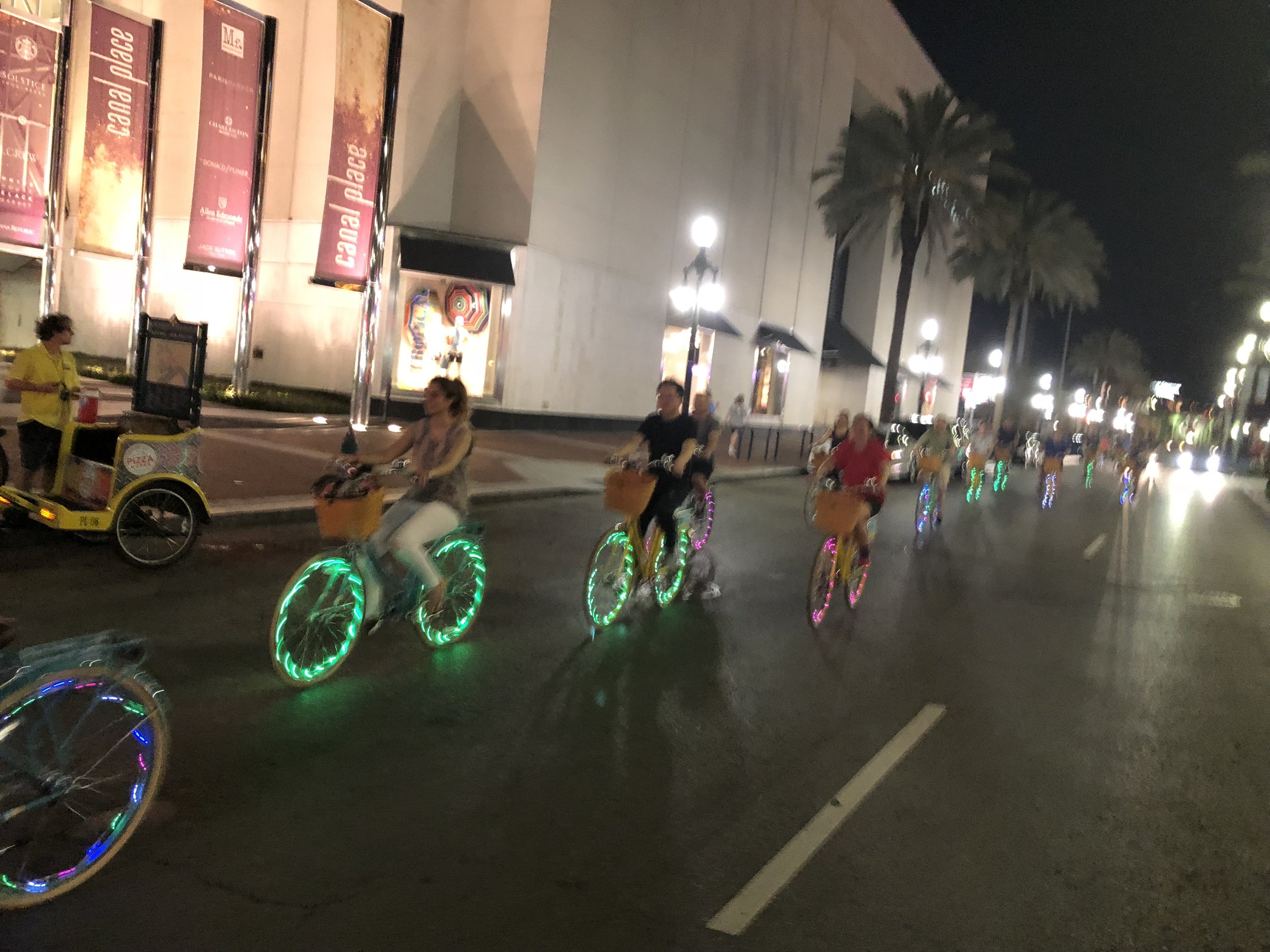  Our social ride is a party on two wheels. We offer the primer night ride of Nola. Be the lights of the city on our professionally maintained bikes. Our wheels are blinged out with lights and we have amplified music to boot. Don’t miss out on this am