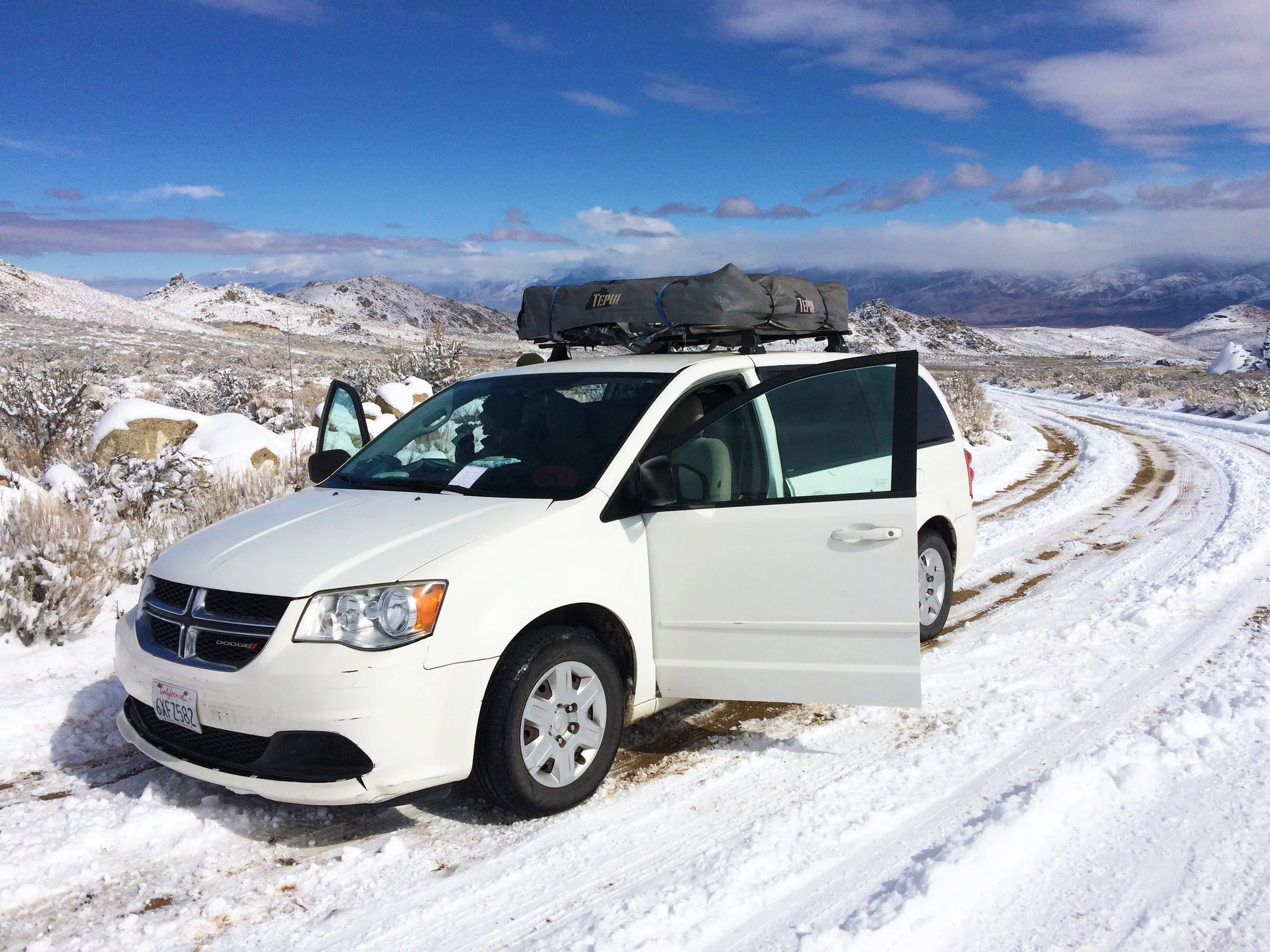 Our rental camper van out of LA, Rachel, was not equipped to handle the unexpected snowfall and she got stuck on Buttermilk Rd. We parked her there and hoofed it the rest of the way in!