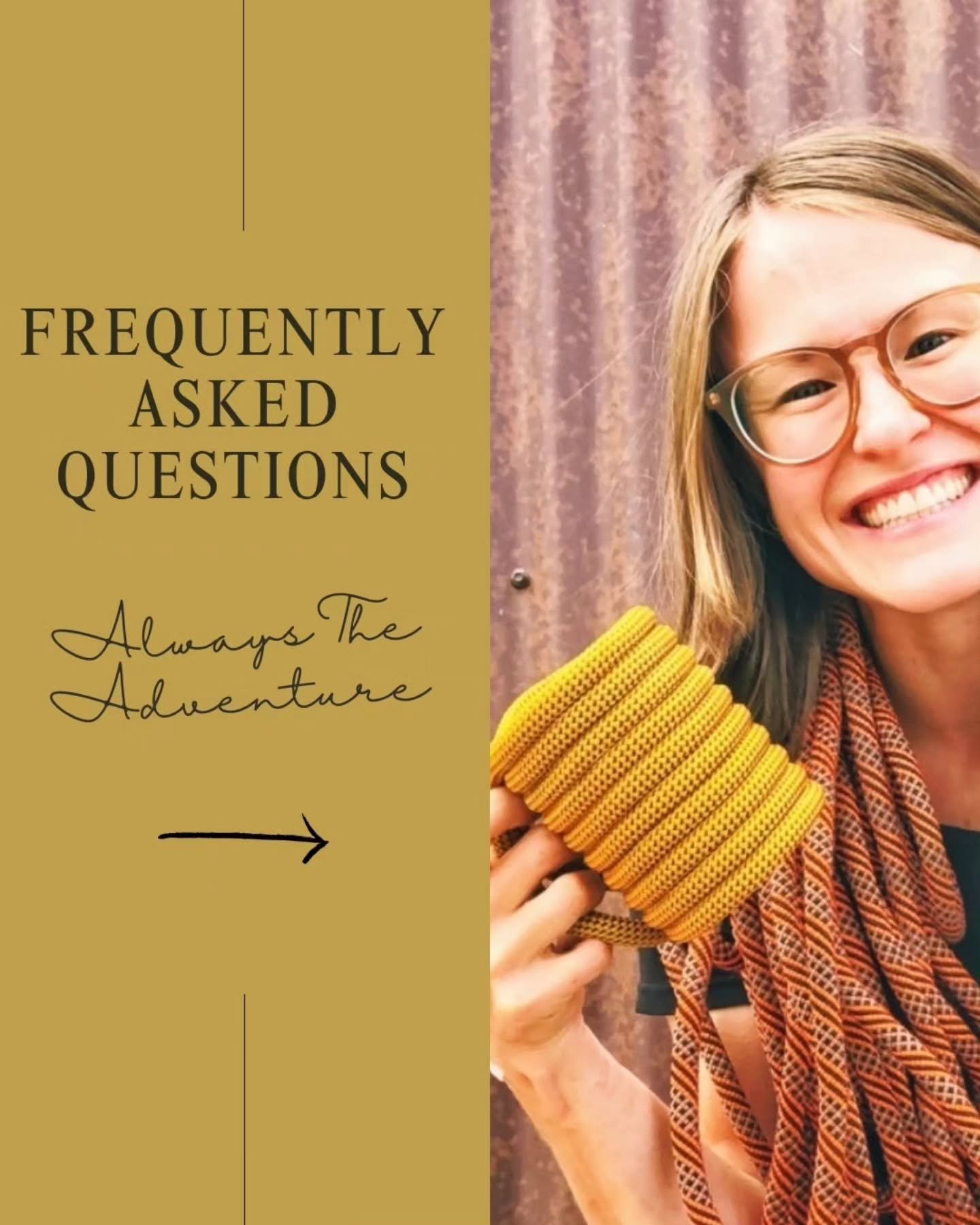 FAQ Time! These are the questions we see most often but if you have others, feel free to drop them below!
&bull;
&bull;
#upcycled #upcycledart #makerreels #meetthemaker #alwaystheadventure #recycled #recycledrope #upcycling #climbingcrafts #smallbiz 