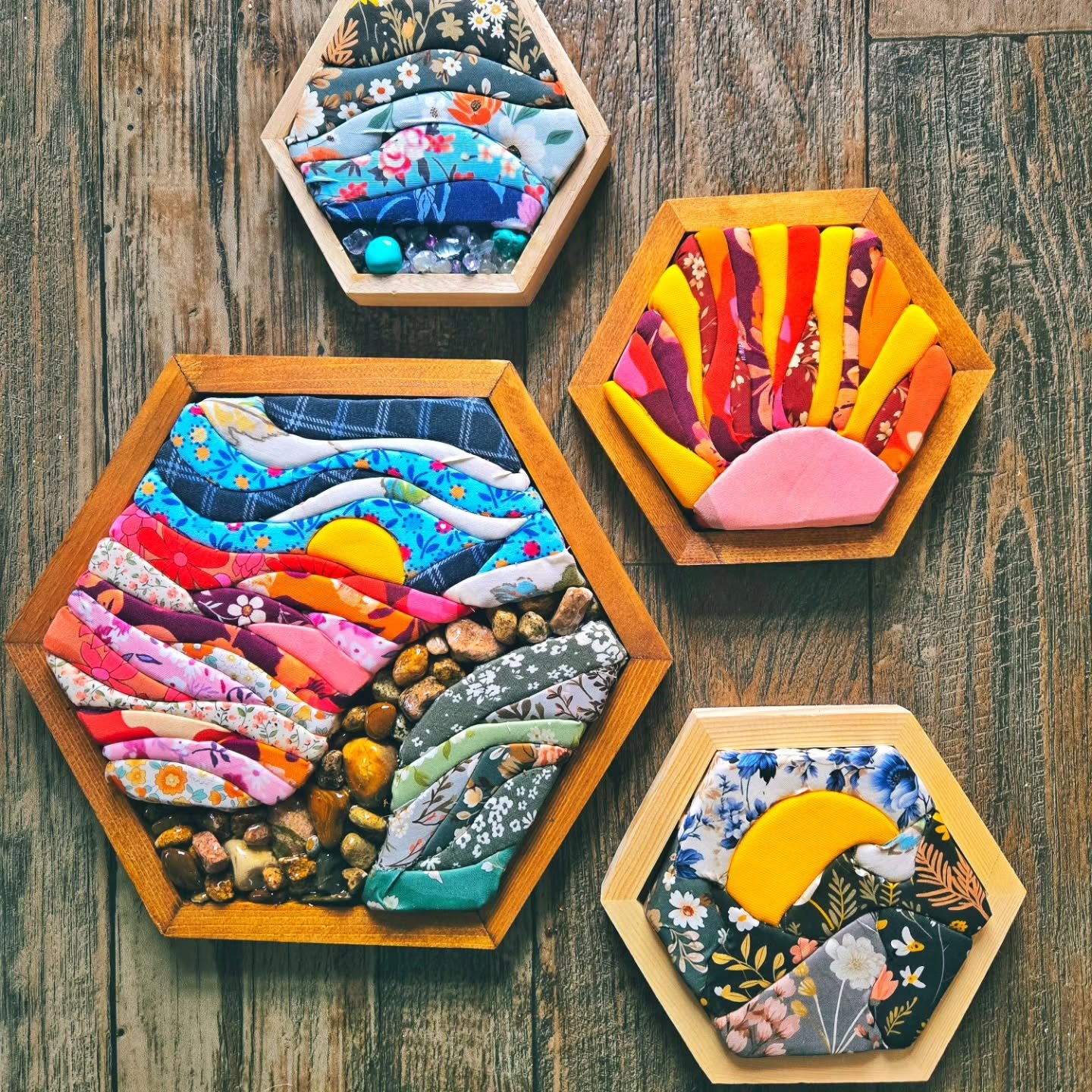 Newest obsession: framed Kinusaiga collages.
&bull;
Each piece is hand-cut, layered, and tucked together. I&rsquo;ve been leaning further into texture, depth, and unusal material integrations. and I&rsquo;m honestly super psyched on how these turned 