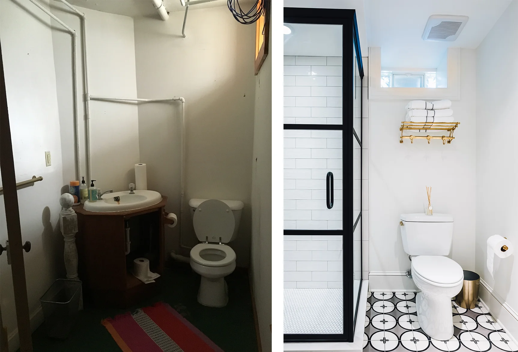 The half bath in the basement before (left) and after (right), was reconfigured to include a shower.