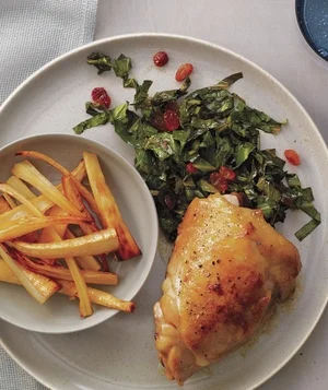   Chicken Thighs with Honey-Roasted Parsnips and Collards    Real Simple  