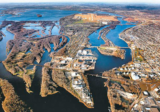 Aerial view of La Crosse showing the Black River to the right with Lake Onalaska above.