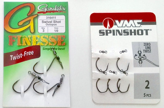 Gamakatsu and VMC both make drop shot hooks that help eliminate line twist. Use a weight that will come off if you get snagged, then you won’t lose the hook assembly.