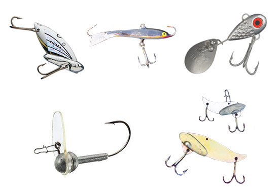 Top, left to right: Cicada, Rapala Jigging Spoon, Little George. Bottom, left to right: Scrounger Jig, Silver Buddy