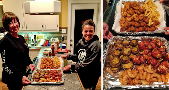 Kelly Girouard (l) and Kelley Prince (r) show off our Thursday seafood dinner.