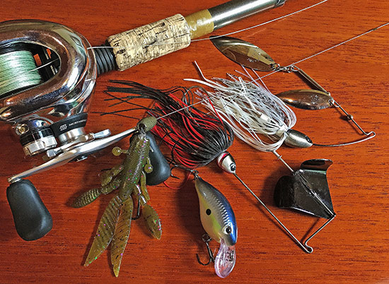 My best lures during the event included a (L-R) Yamamoto Flappin Hog, Rapala DT-4. Hildebrandt SqueakEasy and Tin Roller.
