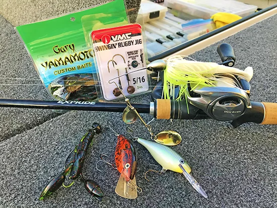 These were my best producers o Grand Lake. They include (L-R) VMC Swingin' Rugby Jig with Yamamoto Psycho Dad, Luhr-Jensen Speed Trap, Rapala Shad Rap and Hildebrandt Tin Roller spinnerbait (above).