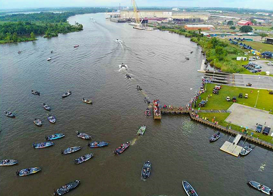 Aerial view of take-off at Sabine River Park with the Intracoastal Waterway is in the distance.