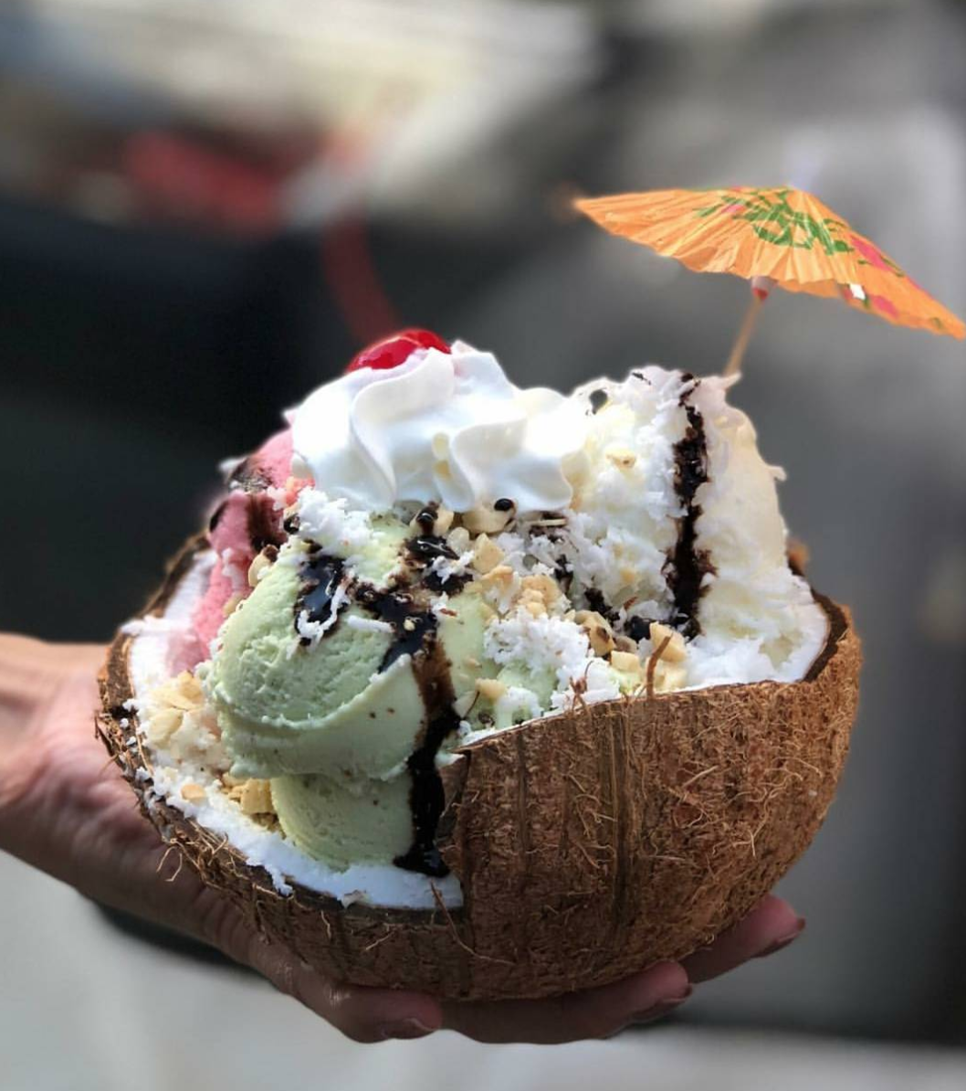 COCONUT SHELL SUNDAES Helados Pops Ice cream sundaes just got a major upgrade. Helados ice creams and sorbets featuring exotic fruit flavors are served in super instagrammable coconut (or pineapple) shells!