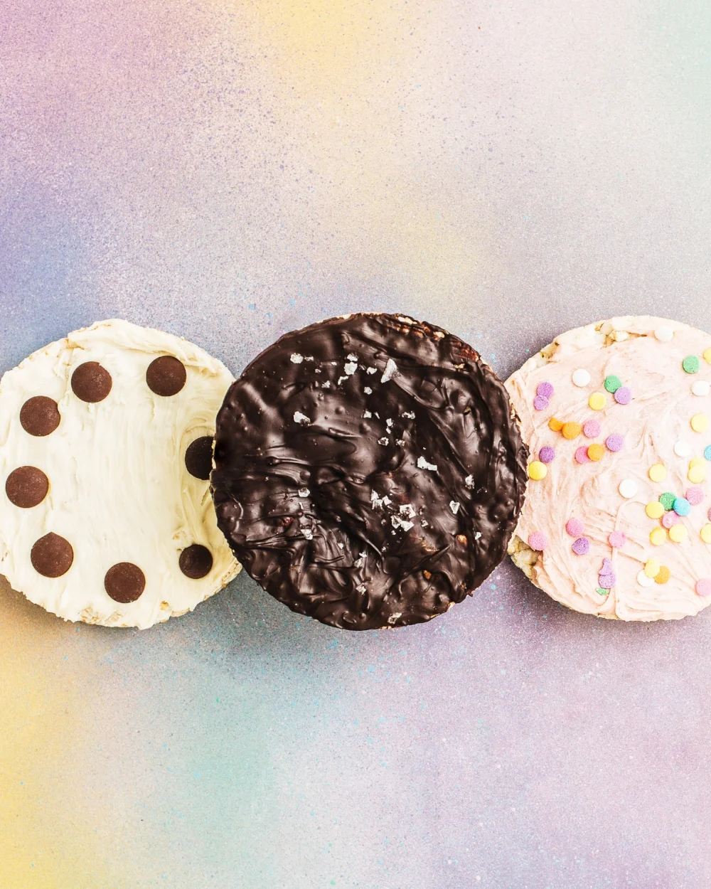  RICE CAKES    Cake Bams    Rice cakes topped with cupcake and cookie flavors, but with a much healthier base, obviously. Because #balance. 