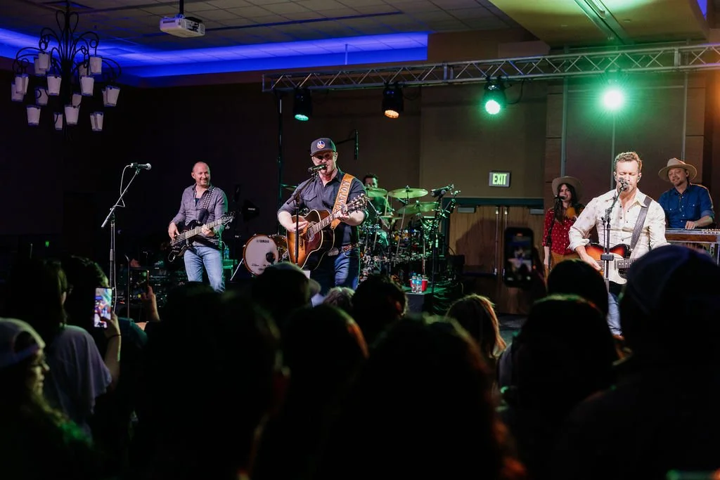 Band performing on stage in front of an audience, with various musicians playing instruments like guitar and drums, under colorful stage lights.