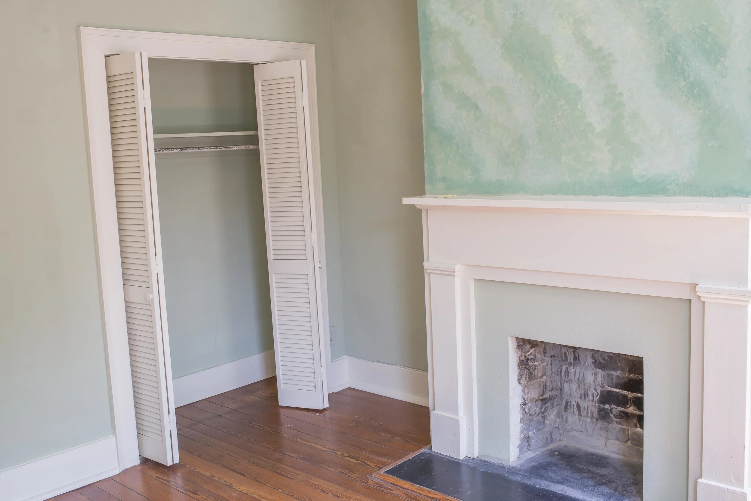 The master bedroom was very green and very small, but again, the fireplace is very charming.