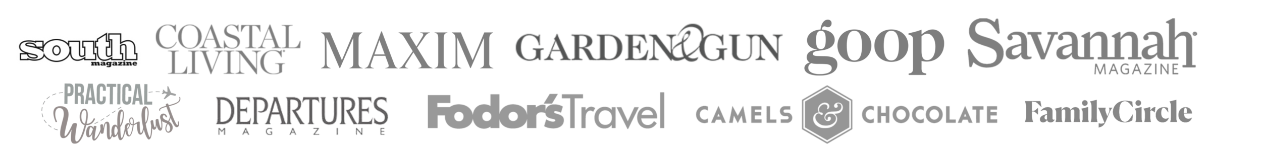 Media feature logos, include South Magazine, Maxim, Garden and Gun, Goop Savannah Magazine, Practical Wanderlust, Departures Magazine, Fodor’s Travel, etc