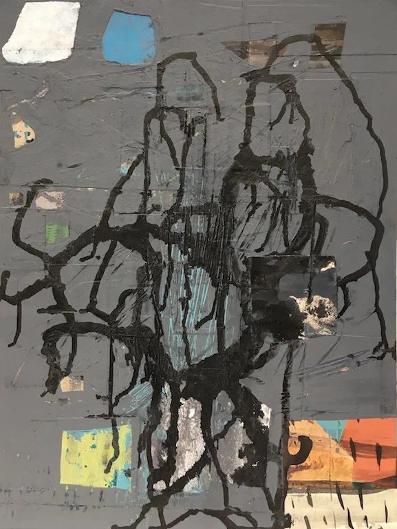 Deluge , 2016, ink, acrylic and collage on board, 16 x 12 1/4 in.
