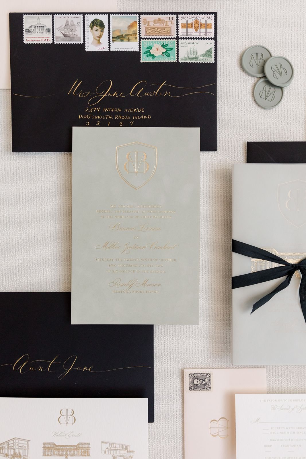 rosecliff-mansion-wedding-newport-ri-wedding-invitations-sage-green-velvet-vintage-postage-erin-mcginn-photography-champagne-and-ink-2.jpg