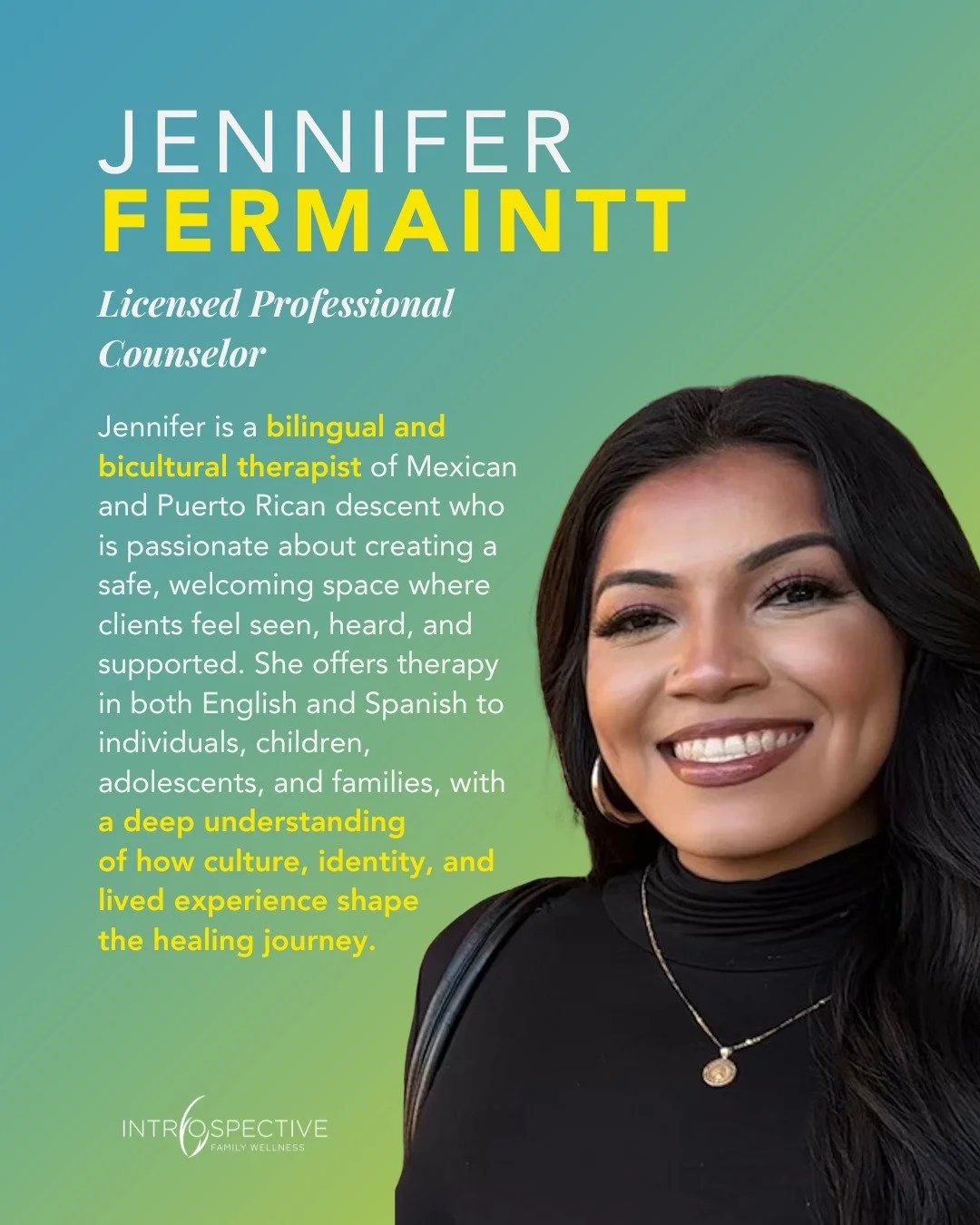 Please join us in welcoming our newest team member, Jennifer Fermaintt, LPC. 

Jennifer is a bilingual and bicultural therapist of Mexican and Puerto Rican descent, offering therapy in both English and Spanish. She takes a client-centered and #integr