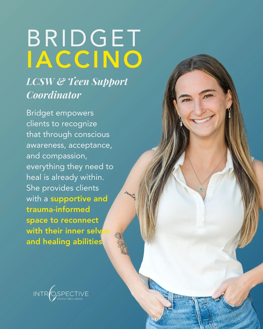 Meet Bridget Iaccino, LCSW, and Teen Support Coordinator at Introspective! In addition to private therapy, Bridget leads our #TeenSupportGroups with compassion and insight, helping teens navigate anxiety, transitions, and trauma. 

Bridget specialize