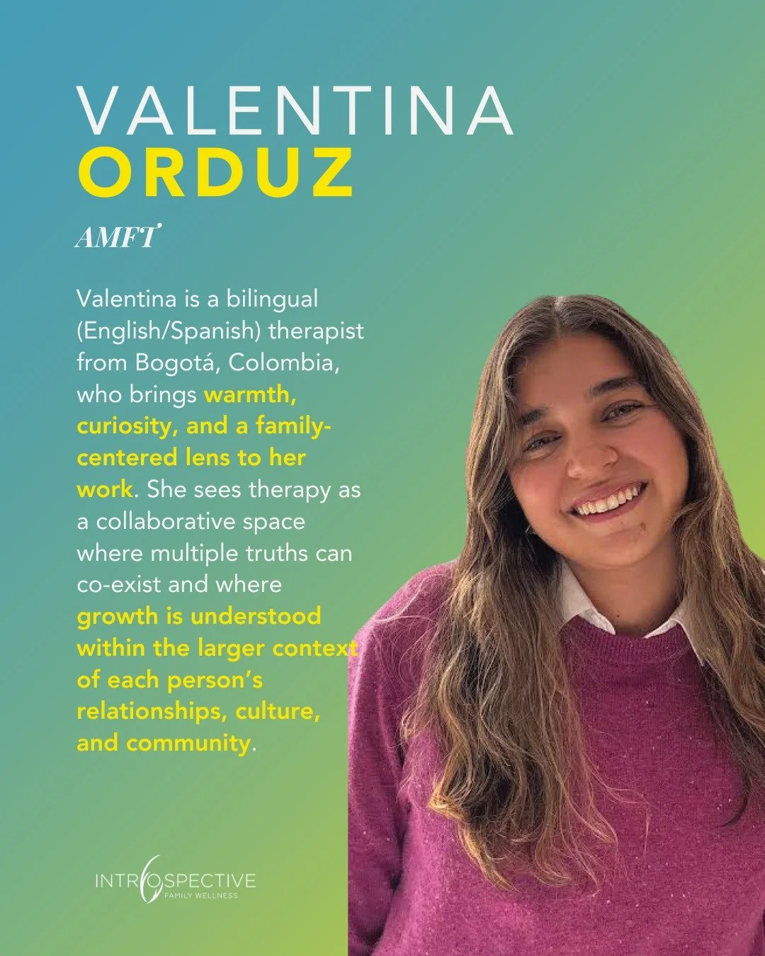Please join us in giving a warm welcome to Valentina Orduz, AMFT! 

Valentina is a bilingual (English/Spanish) therapist from Bogot&aacute;, Colombia, with experience supporting children and teens, parents, couples, and families. She specializes in p