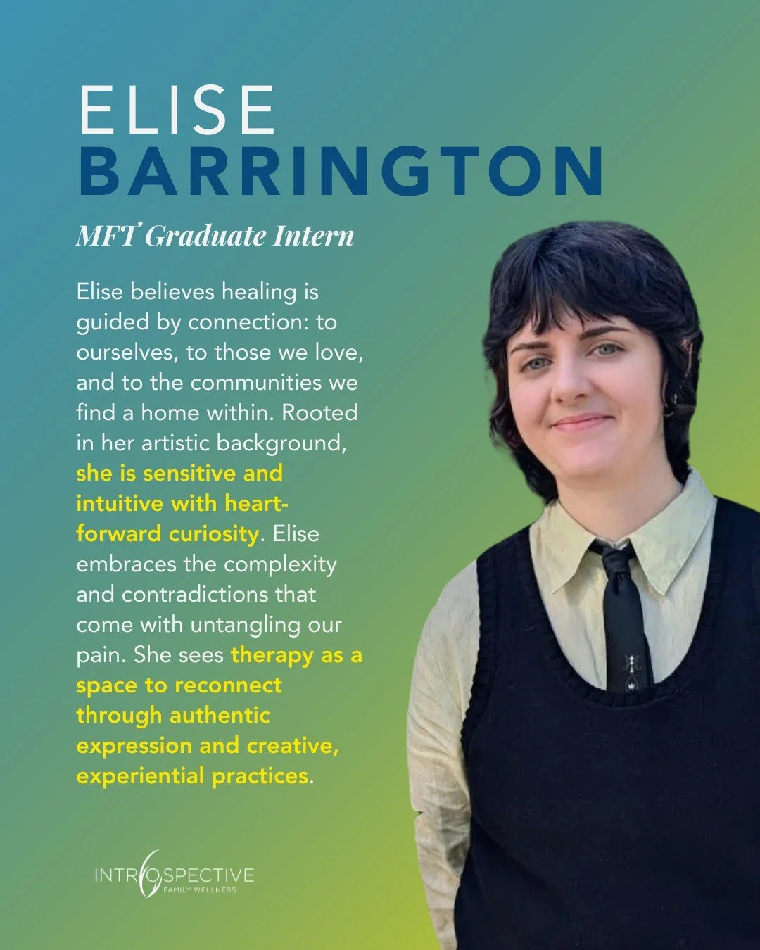 Meet Elise Barrington, a MFT Graduate Intern at Introspective Family Wellness! 

Elise is passionate about working with relationships of all types, including monogamous, open, polyamorous, and chosen families. Her identity as a lesbian deeply informs