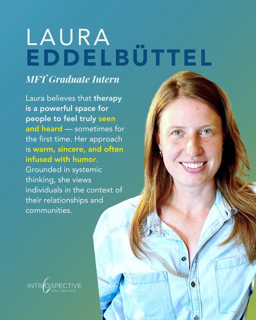 Please welcome Laura Eddelb&uuml;ttel to Introspective's MFT Graduate Intern team! Laura offers a warm, sincere, and often humorous approach to #therapy, working with children, adolescents, and adults of all backgrounds and ages. 

Growing up bicultu