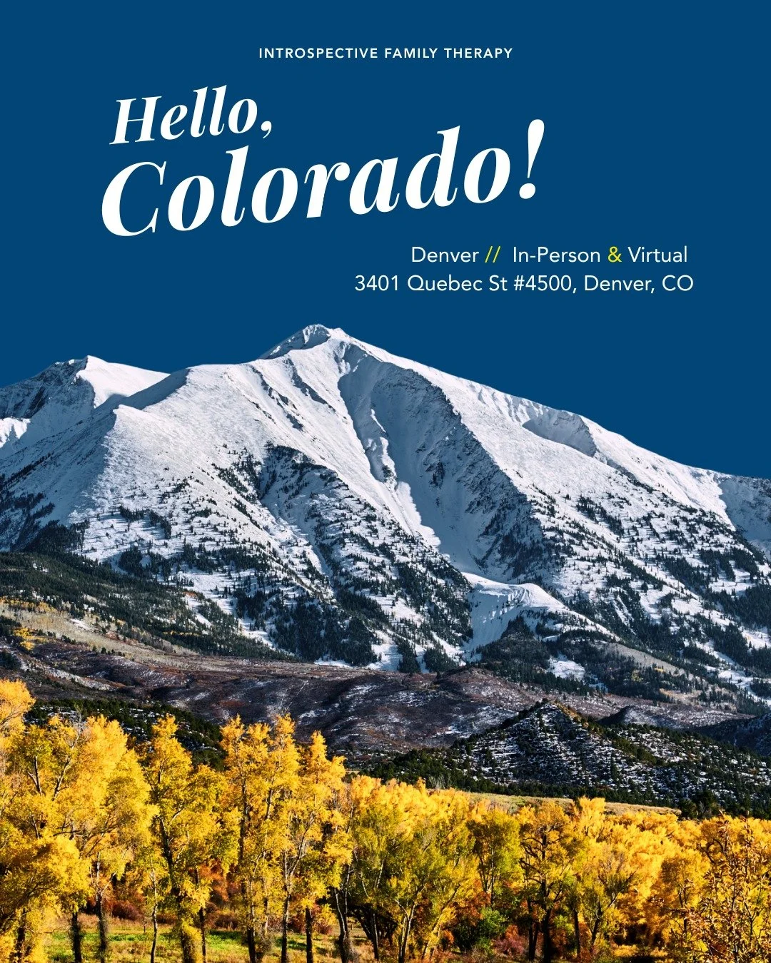 We're excited to expand our reach as we continue to build Introspective Denver! We're currently accepting new clients, both in person and virtually, at our Denver location. 

If you're considering #familytherapy, #couplestherapy, and therapy for your