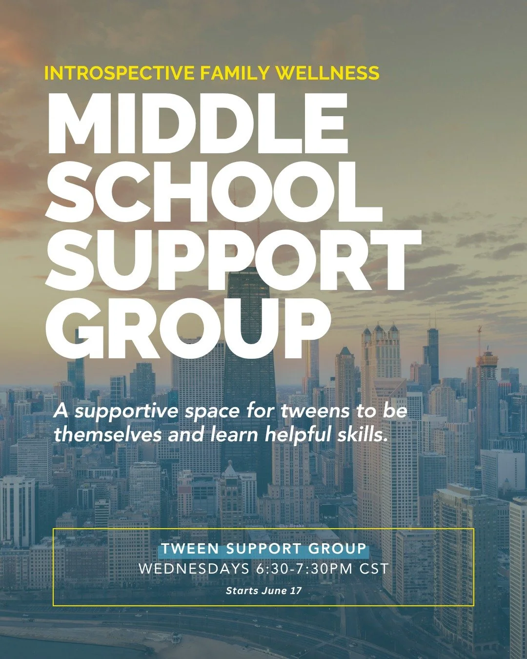 REGISTRATION NOW OPEN! Join us for our summer session of our Middle School Support Group, Wednesdays from 6:30&ndash;7:30pm CT, starting June 17th. 

Led by Bridget Iaccino, LCSW, this group draws on evidence-based techniques, including CBT &amp; DBT