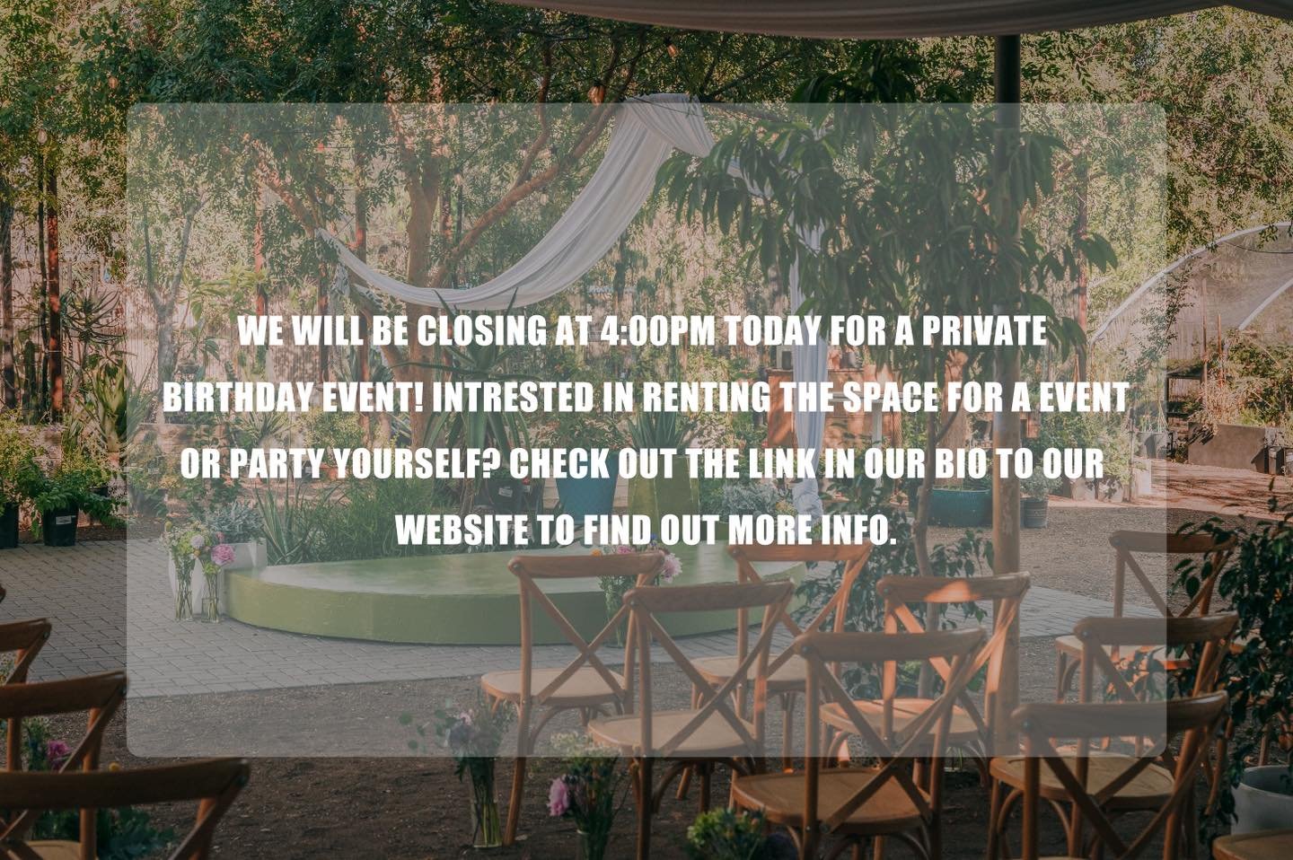 Dig It Gardens will be closing at 4PM today as one of our amazing customers hosts a private birthday celebration with their family and friends. 🎉🌿

If this sounds like something you&rsquo;d love to do&mdash;wedding, baby shower, birthday party, or 