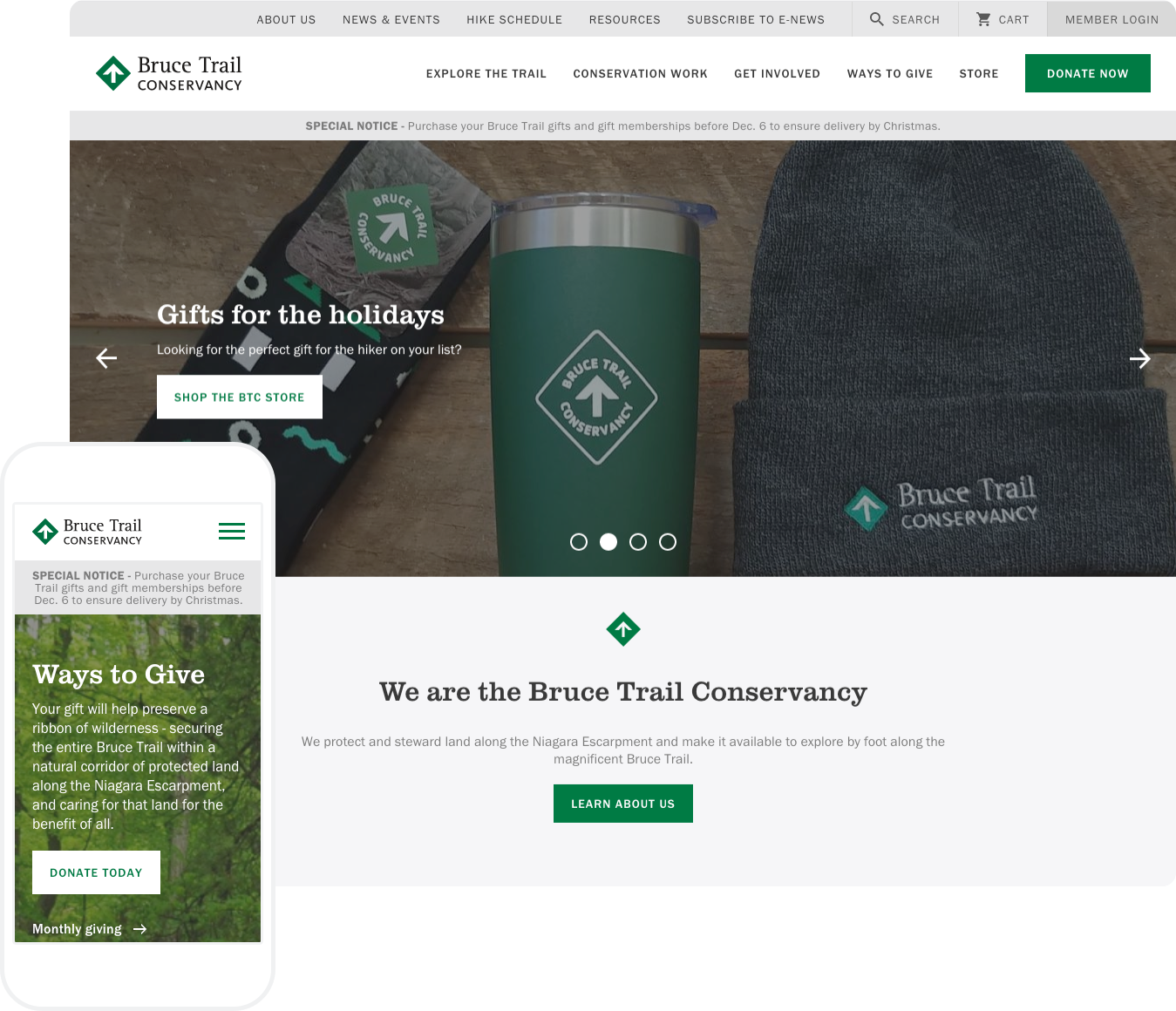  Bruce Trail initially approached Parallel for a re-skin of their old website. When I was in the scoping phase with the development team, we made a hypothesis: it might be irresponsible to simply “skin” the non-responsive site when the target audienc