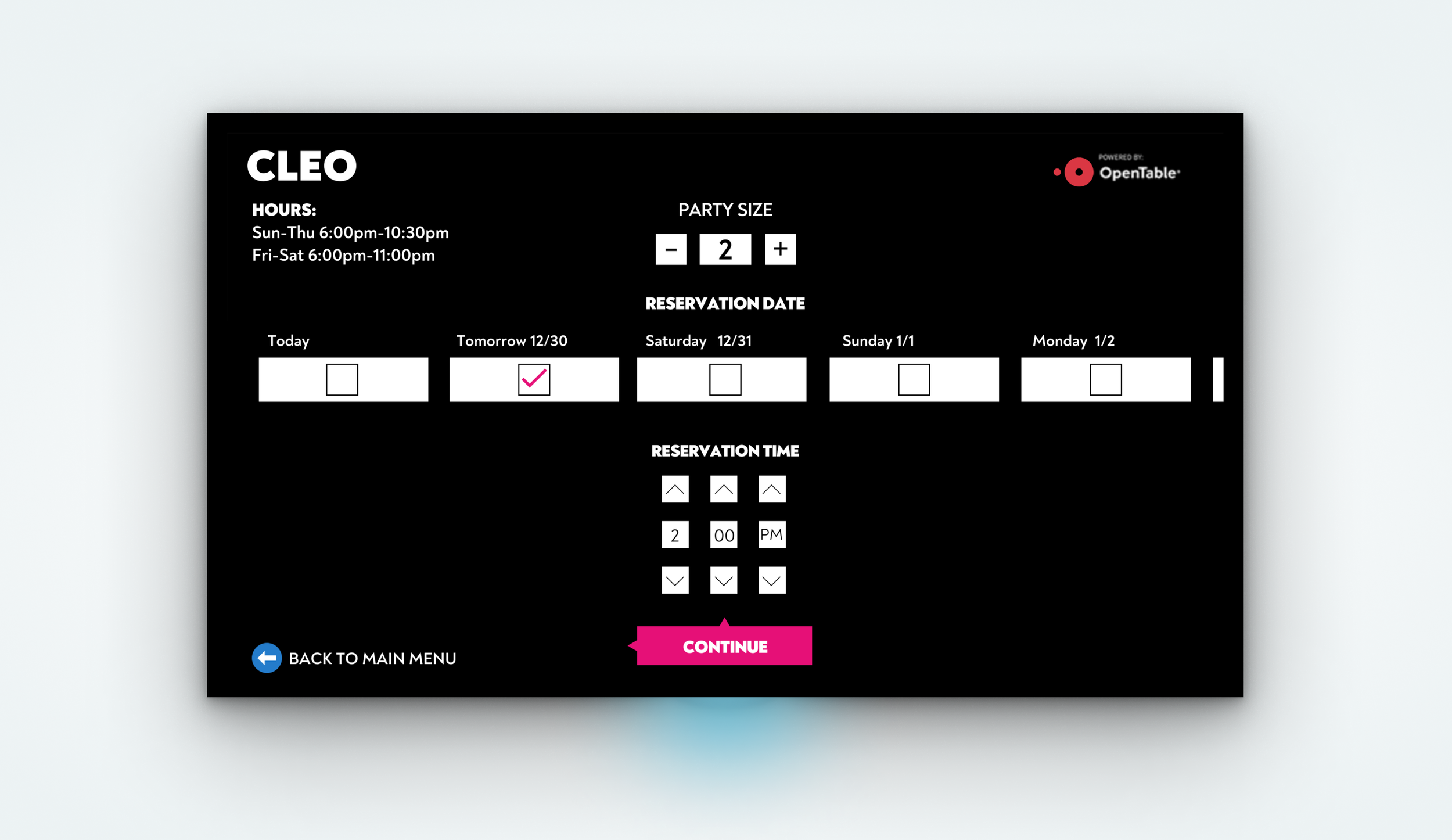  Reservation page with restaurant hours added for ease of booking. 