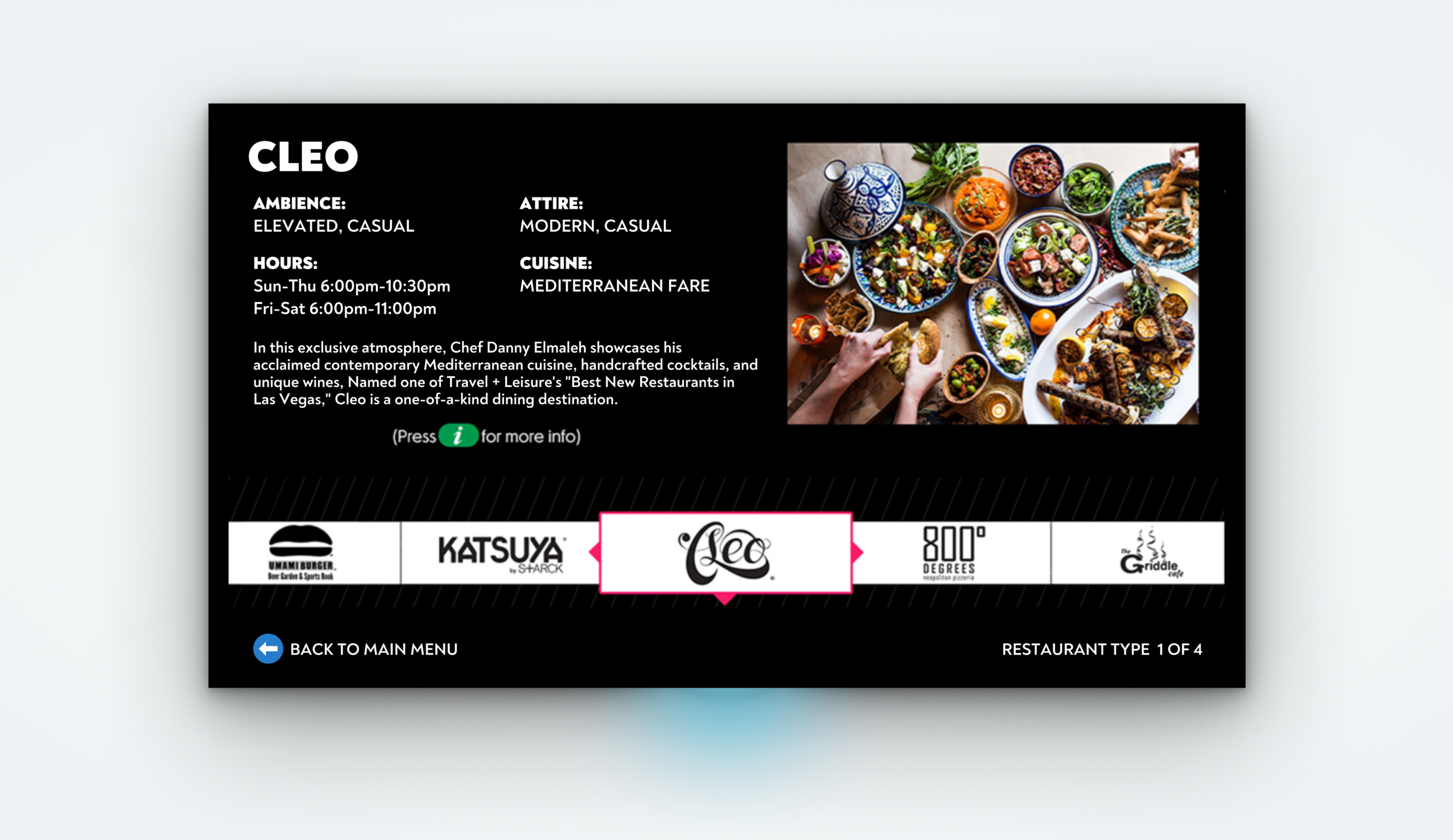  Restaurant information accessed through info button on remote. 
