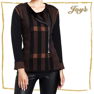 Angel | AC-6311 | $210 In a classic plaid, this ANGEL cardigan elevates your look with simple details. Its off-center zip closure adds a touch of modernity while its fine-lined pattern is a great counterpoint to solid foundation pieces.
