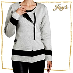 Angel | AC-6341 | $215 Contrast Off-Ctr Zip Cardigan with moto-style details on a soft, unstructured silhouette, ANGEL gives your favorite cardigan a more cutting-edge design. An off-center front zipper and color blocked details rev it up in all the right ways.