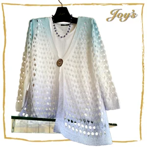 Angel | Soft Blue/White Crochet Sweater | $170 If you can't get enough of cardigans, this visually striking design is a welcome reimagining of a must-have basic. Lovely, open-stitch work and single-button closure elevate this beauty from a layering piece to an outfit maker.