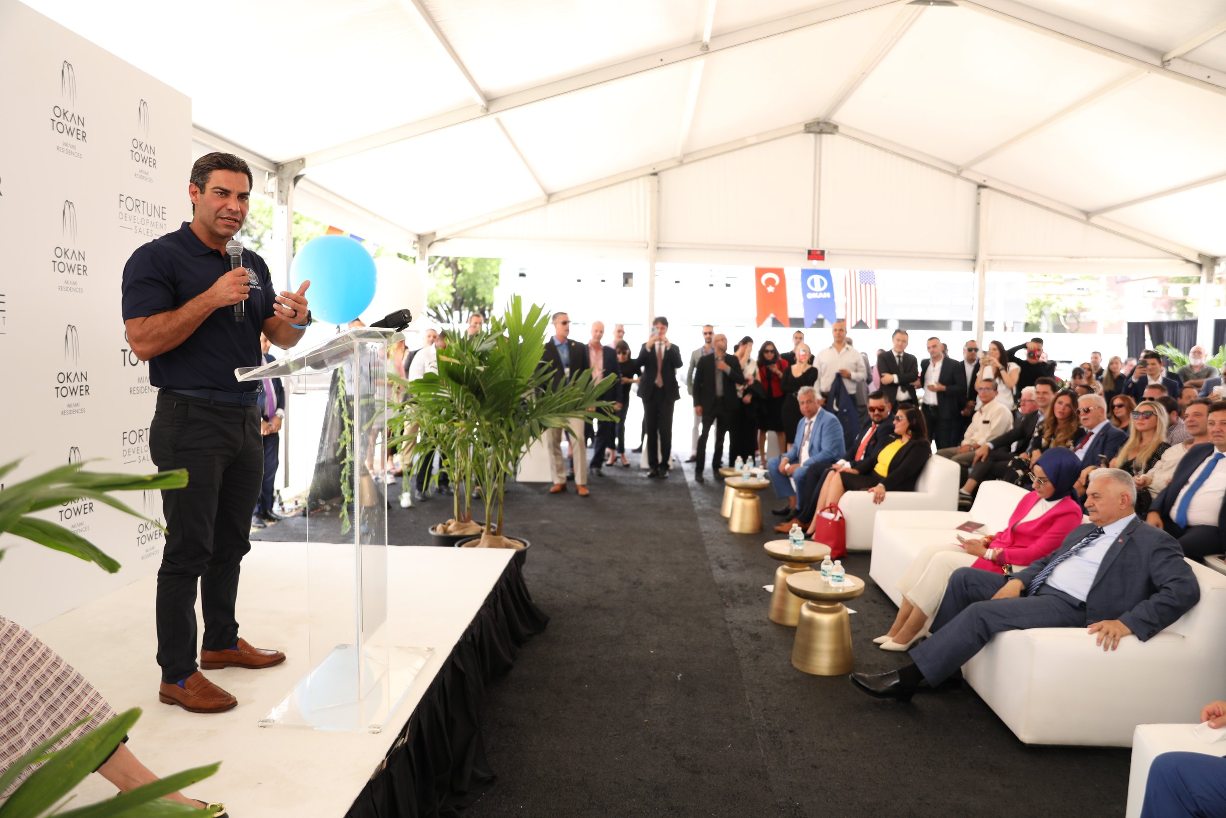 City of Miami Mayor Francis X. Suarez addresses the crowd at the Okan Tower Groundbreaking.