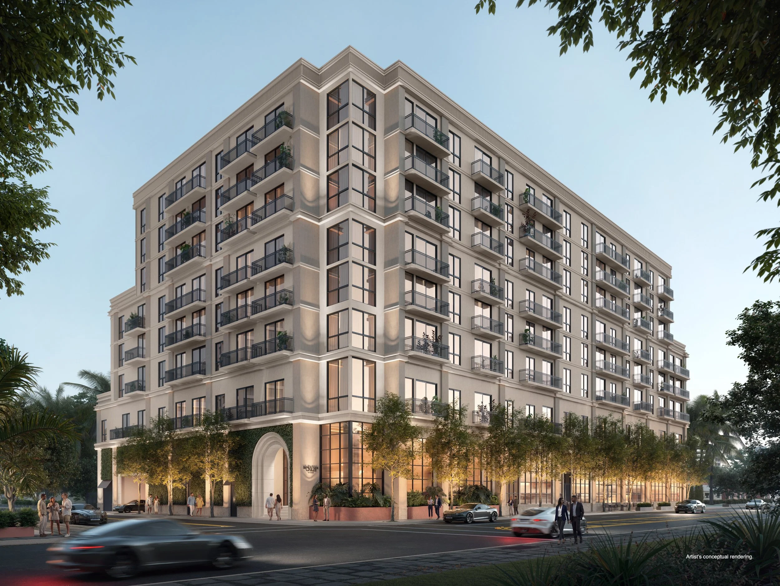 Rendering of the eight-story Seventeen Gables condominium at 1715 Douglas Road at dusk. Image courtesy of BAM Developers and Ascendra Capital.