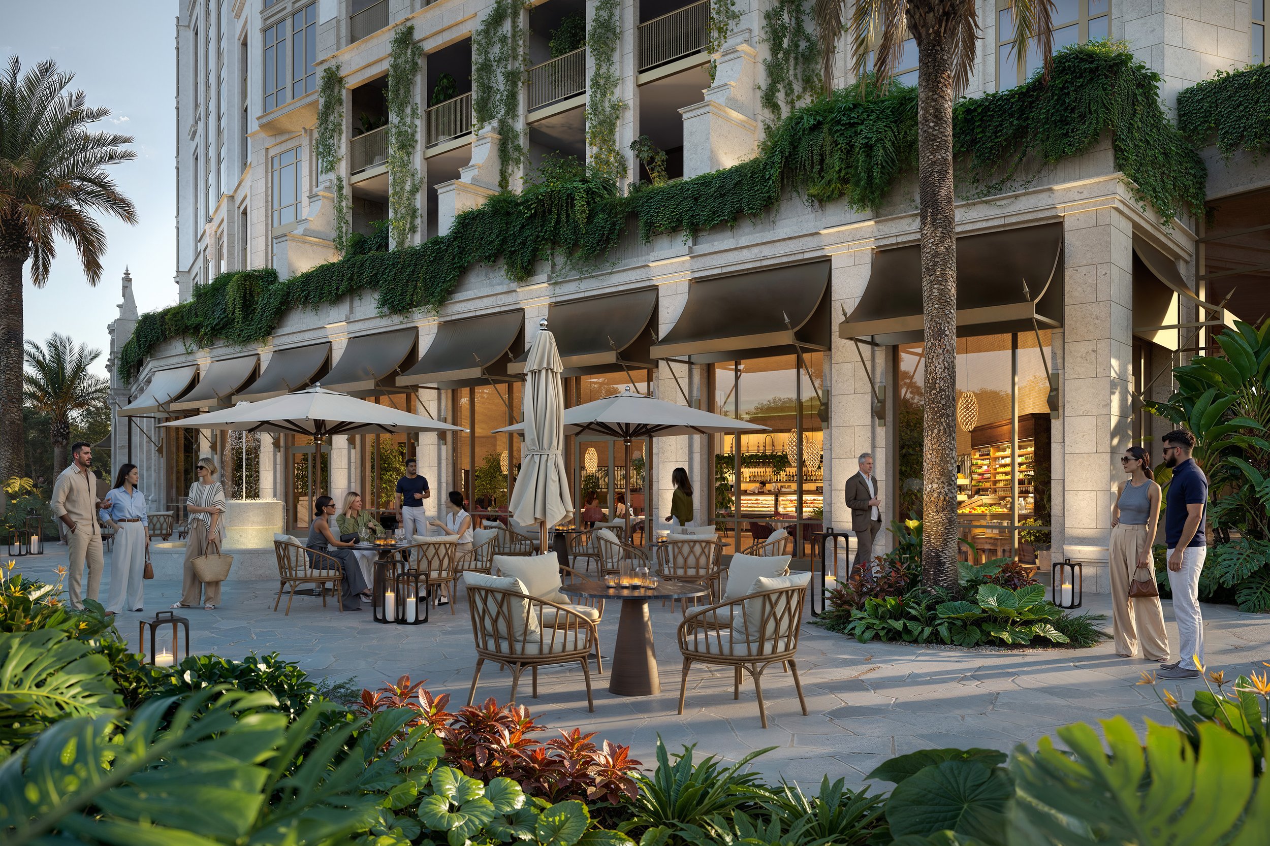 Architectural rendering of Quintín’s planned indoor-outdoor dining terrace at Ponce Park Coral Gables, by Binyan Studio.