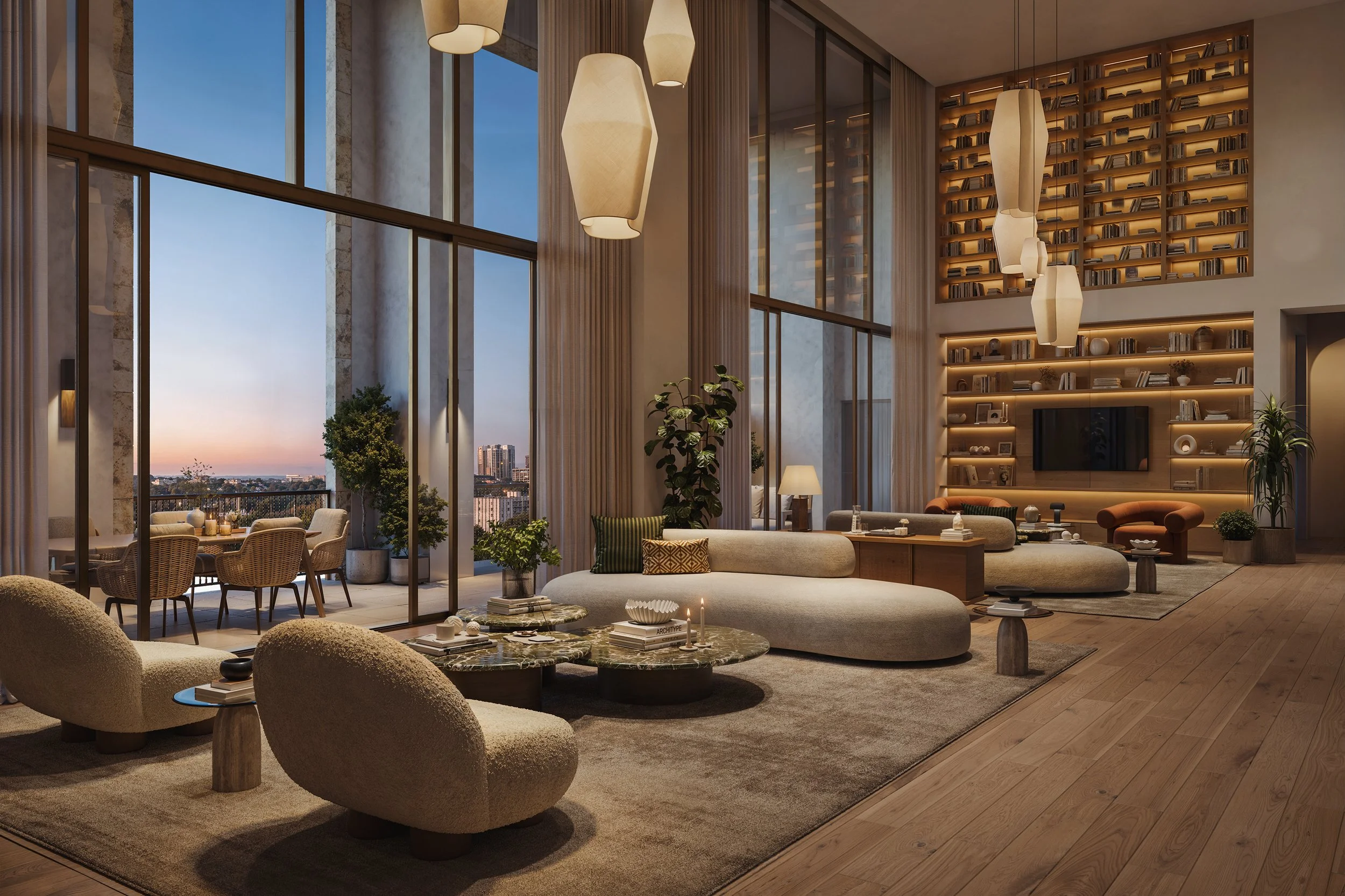 Architectural rendering of a Ponce Park penthouse great room in Coral Gables, with Meyer Davis interiors and expansive windows.