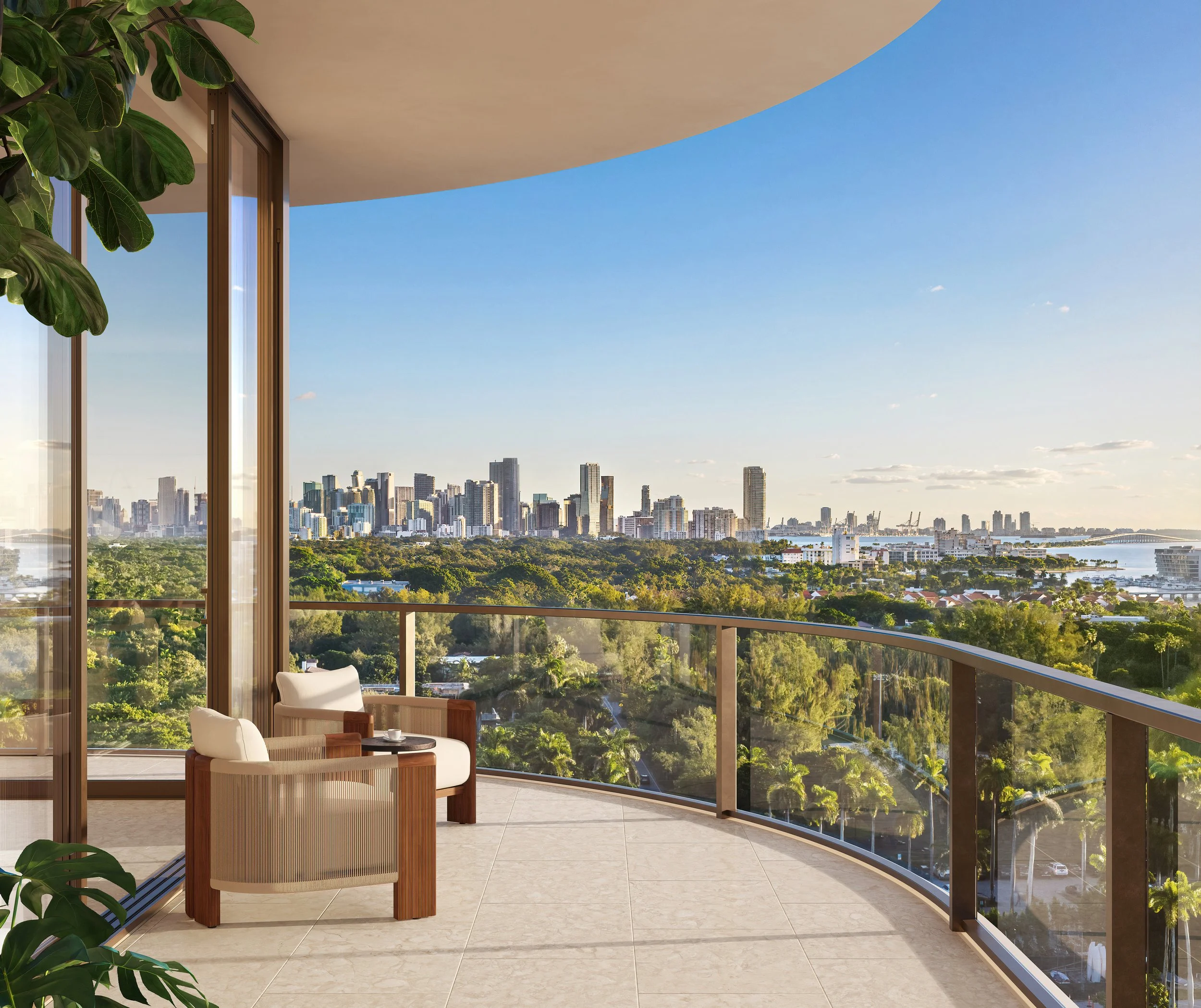 Raffles Residences Coconut Grove terrace rendering with an outdoor dining area and Miami skyline views.
