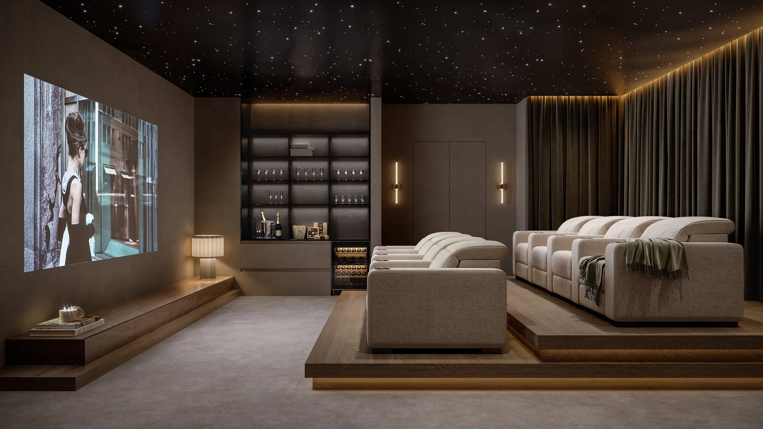 Architectural rendering of a Ponce Park penthouse media room with tiered lounge seating, a projection screen, and a star-pattern ceiling in Coral Gables.