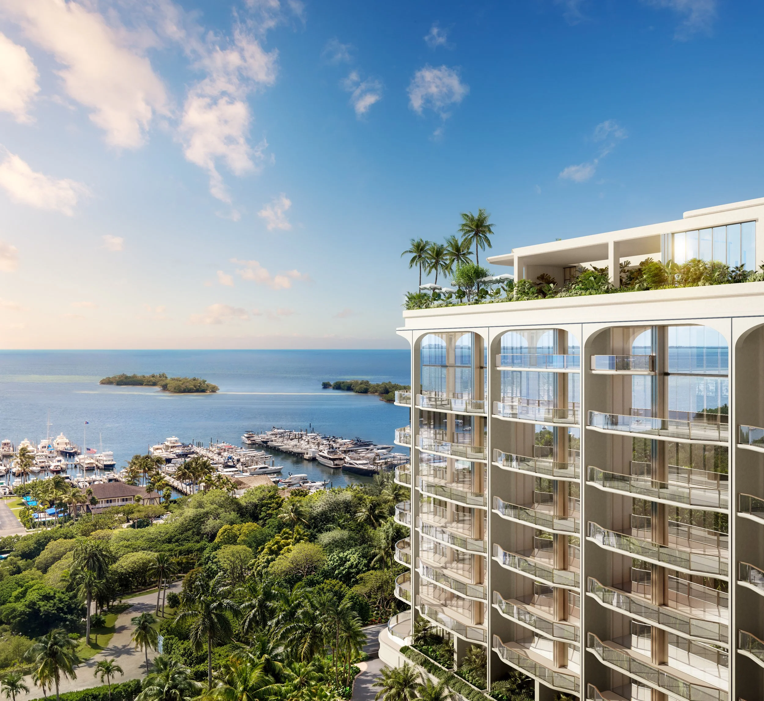 Raffles Residences Coconut Grove rendering overlooking the marina and Biscayne Bay.