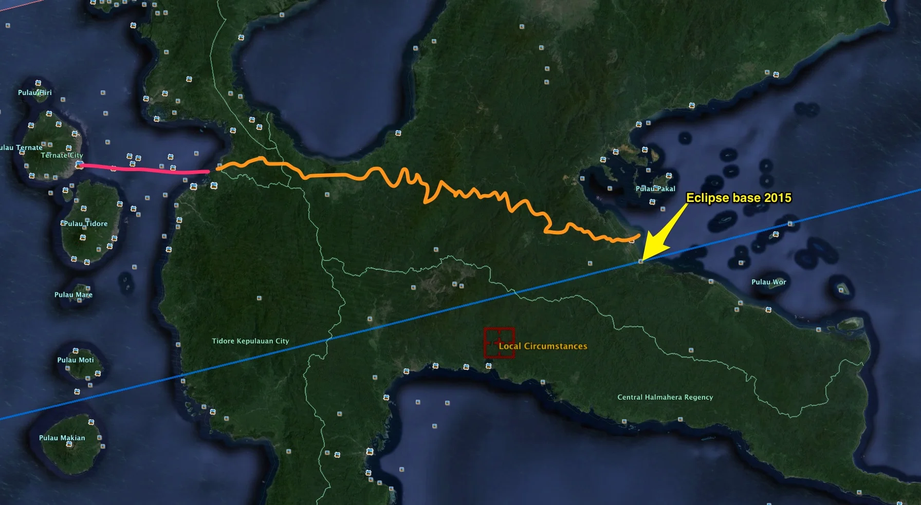 Landed on the little volcanic island of Ternate on left and then speedboated (pink line) to a car and driver (orange) Indra arranged, to drive for HOURS on a twisty, pothole dirt road to Maba in the east for a quick sleep -- eclipse was tomorrow!!!! PHEW!!!!