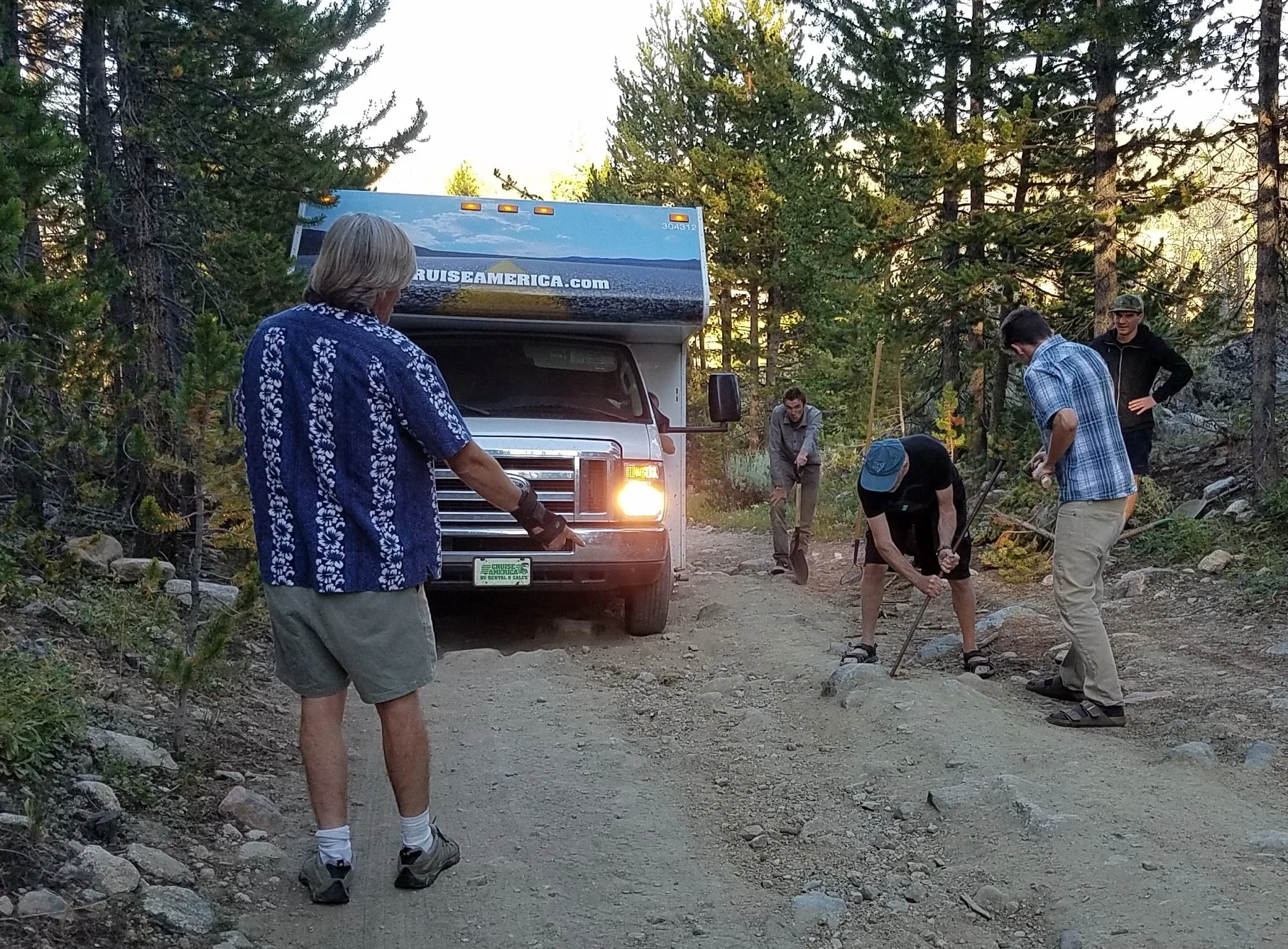 A detail of impressive WE CAN DO THIS crew lead by Jeff Orlowski nuanced the RV's a mile to lakeside camp in 90 minutes! 
