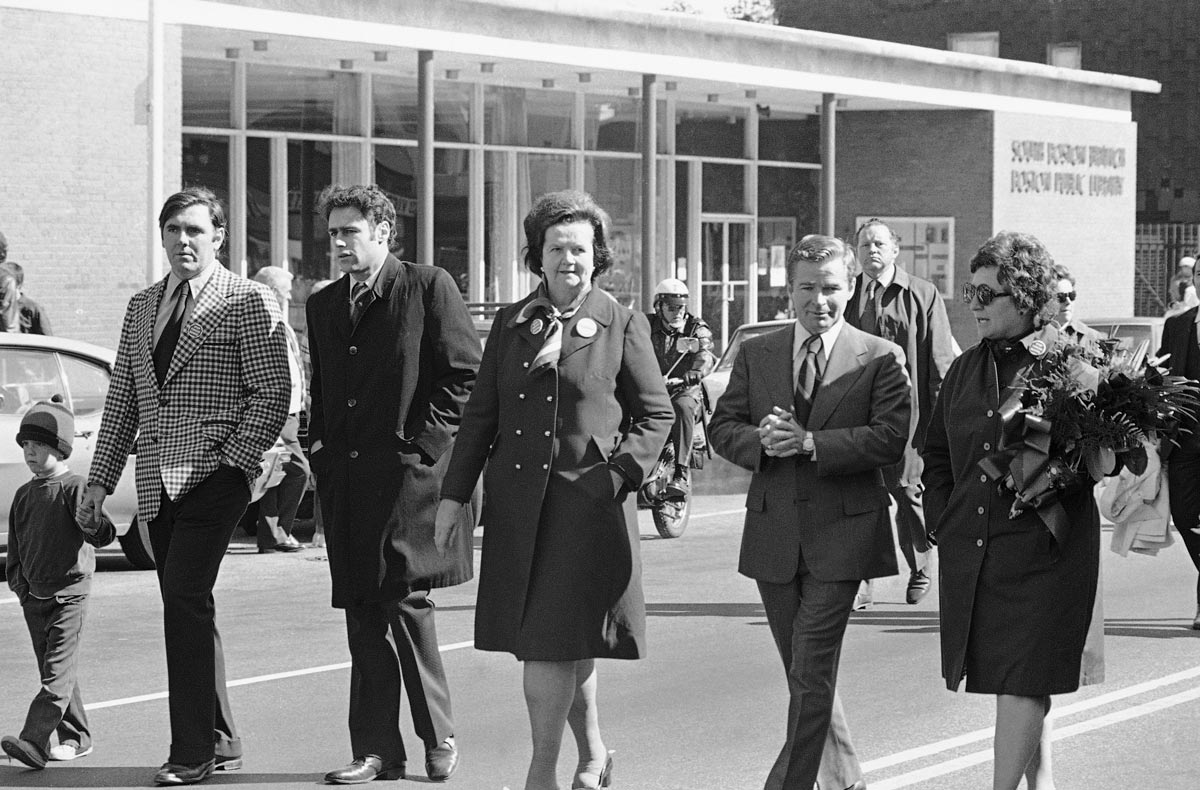 Then-state Rep. and future Boston Mayor Ray Flynn, radio host Avi Nelson, city councilor Louise Day Hicks, and then-state Sen. and future longtime Senate President William Bulger, brother of James "Whitey" Bulger, march in an antibusing demonstration on Broadway in South Boston in 1974. AP Photo/J. Walter Green