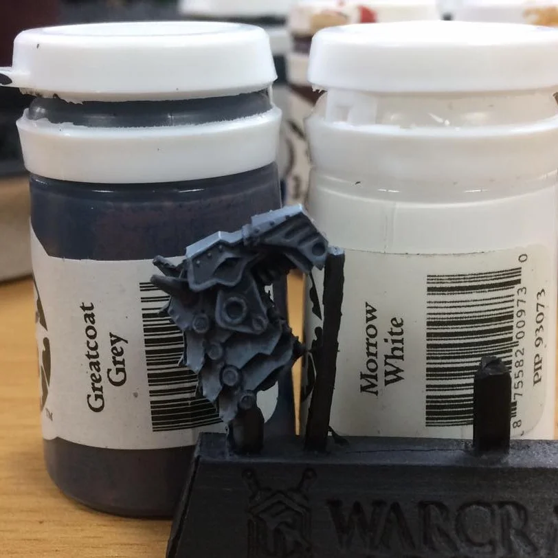 For the next stage add white until you have a 50/50 mix. This is then watered down a wee bit more to around 5-1. This is placed quite roughly. Add a few flicks and streaks to break up large flat area to simulate dents and light blooms.