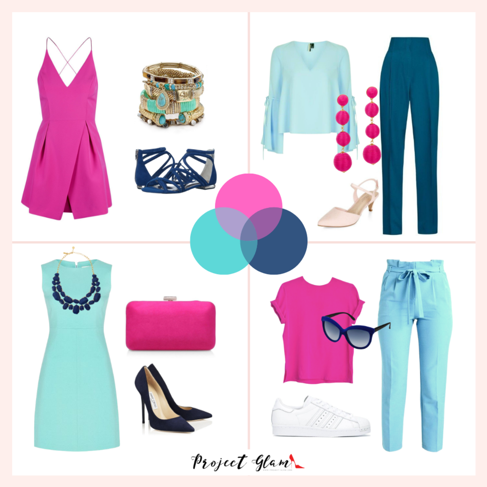 3 colores, outfits: azul oscuro, azul claro y fucsia — Project Glam