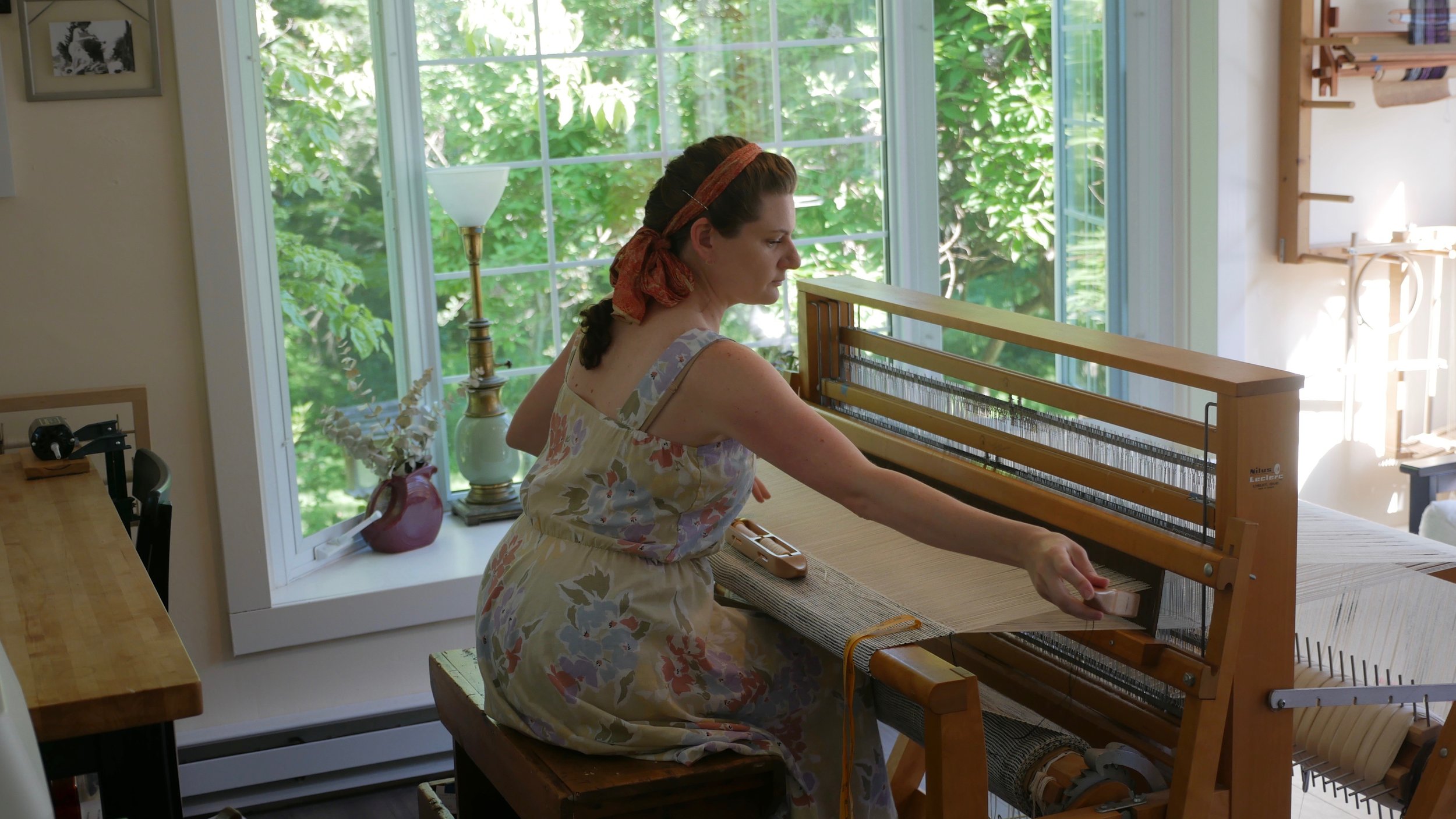 Me weaving yardage on the loom.